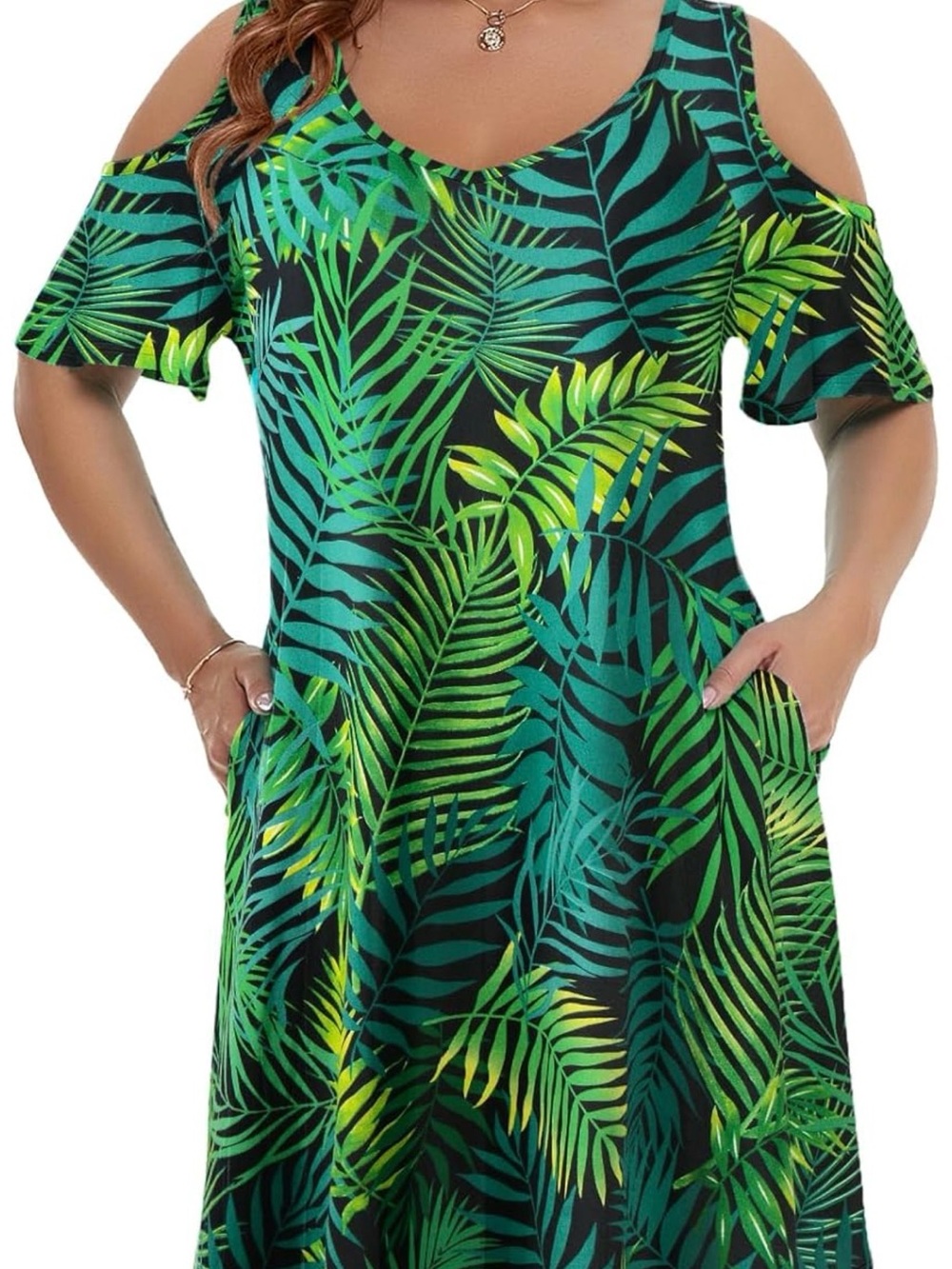 Green Palm-Print Midi Dress XL New Leaves Green Floral